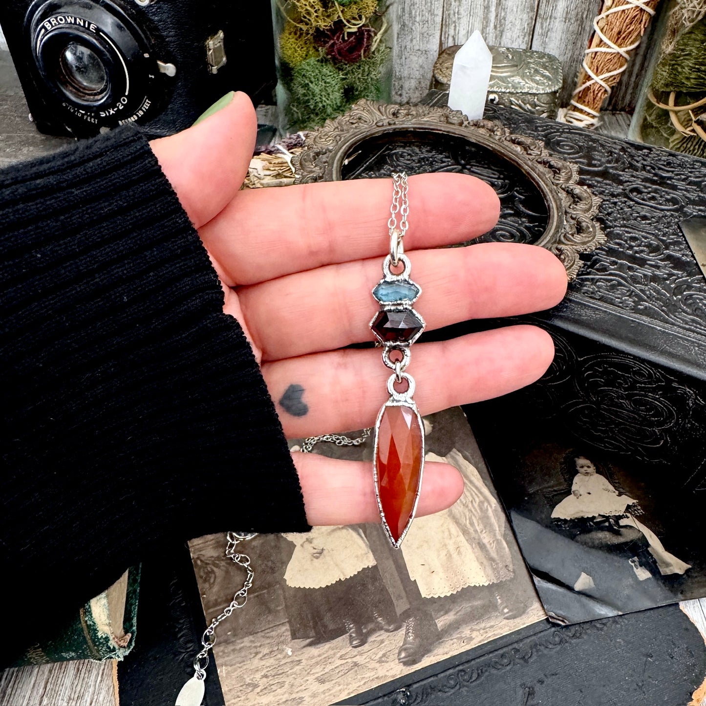 Multi Stone Blue Kyanite, Garnet and Carnelian Charm Necklace in Fine Silver / Foxlark Collection FOXLARK