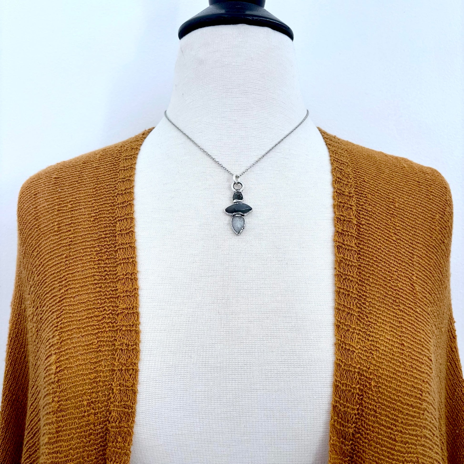 Multi Stone Moss Agate Grey Moonstone Clear Quartz Crystal Necklace Fine Silver / Foxlark Collection FOXLARK