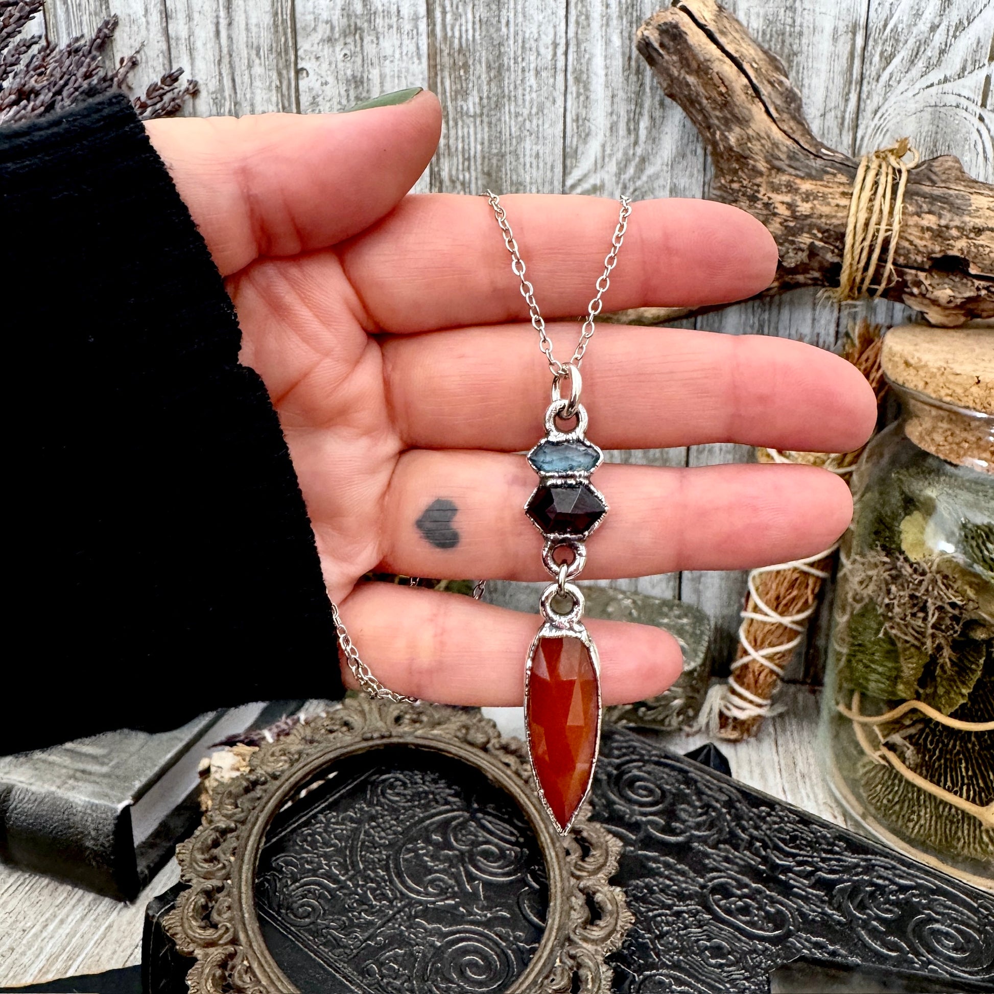 Multi Stone Blue Kyanite, Garnet and Carnelian Charm Necklace in Fine Silver / Foxlark Collection FOXLARK