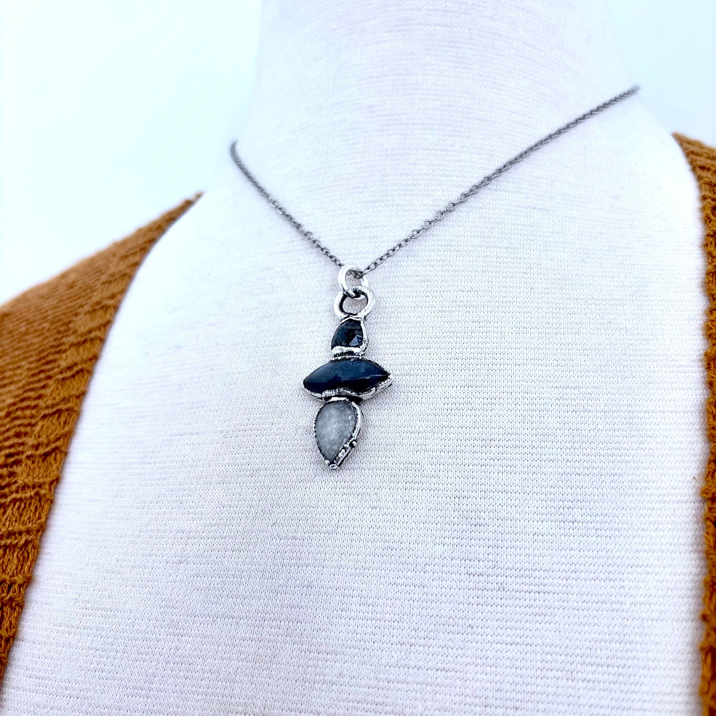Multi Stone Moss Agate Grey Moonstone Clear Quartz Crystal Necklace Fine Silver / Foxlark Collection FOXLARK