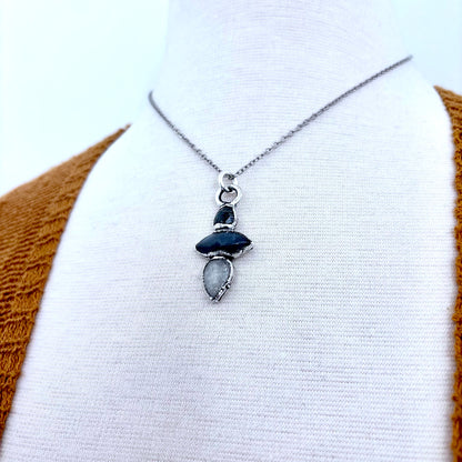 Multi Stone Moss Agate Grey Moonstone Clear Quartz Crystal Necklace Fine Silver / Foxlark Collection FOXLARK