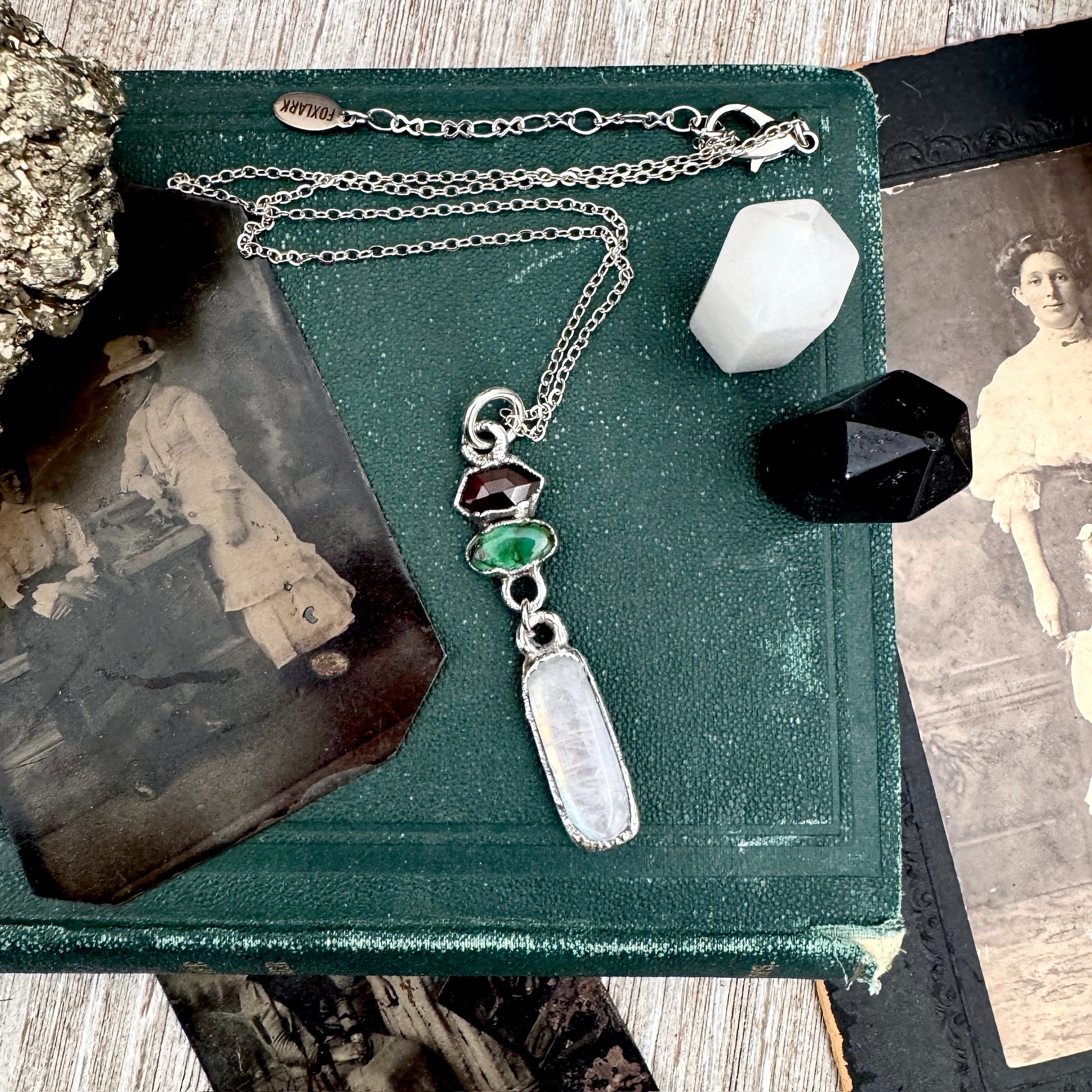 Multi Stone Garnet, Sapphire and Moonstone Charm Necklace in Fine Silver / Foxlark Collection FOXLARK
