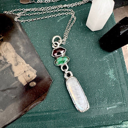 Multi Stone Garnet, Sapphire and Moonstone Charm Necklace in Fine Silver / Foxlark Collection FOXLARK