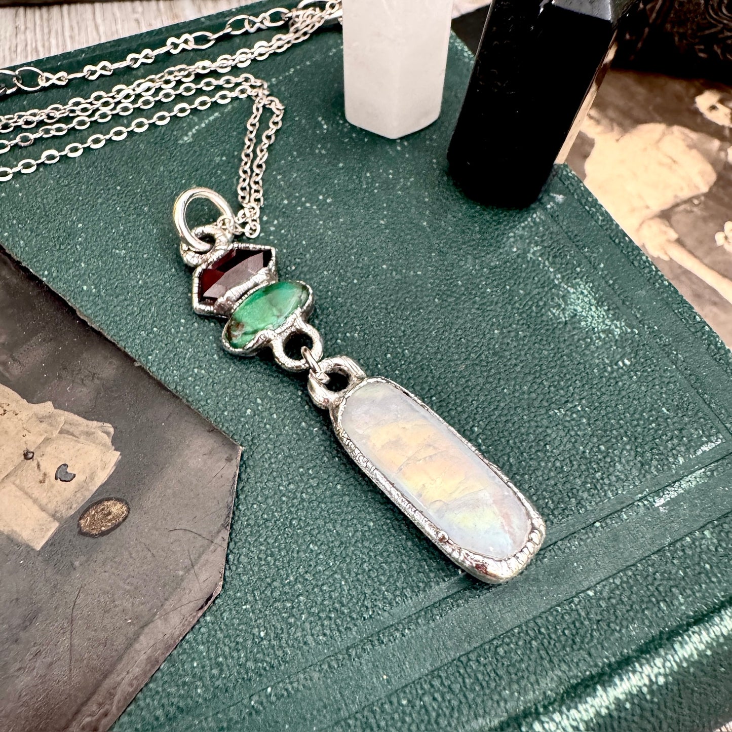 Multi Stone Garnet, Sapphire and Moonstone Charm Necklace in Fine Silver / Foxlark Collection FOXLARK