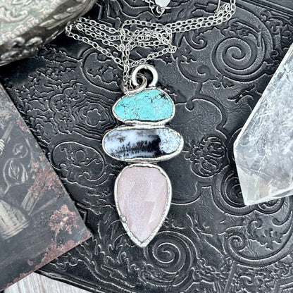 Multi Stone Turquoise Dendritic Agate Peach Moonstone Crystal Necklace Fine Silver / Foxlark Collection