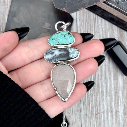 Multi Stone Turquoise Dendritic Agate Peach Moonstone Crystal Necklace Fine Silver / Foxlark Collection