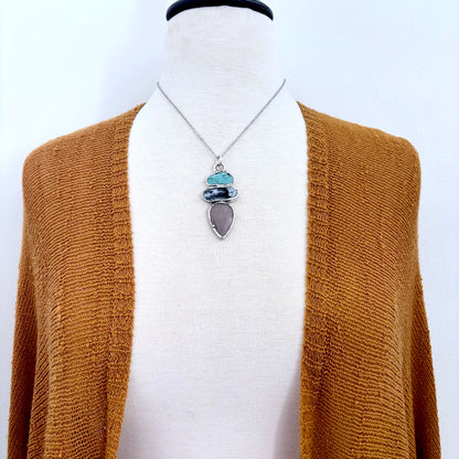 Multi Stone Turquoise Dendritic Agate Peach Moonstone Crystal Necklace Fine Silver / Foxlark Collection