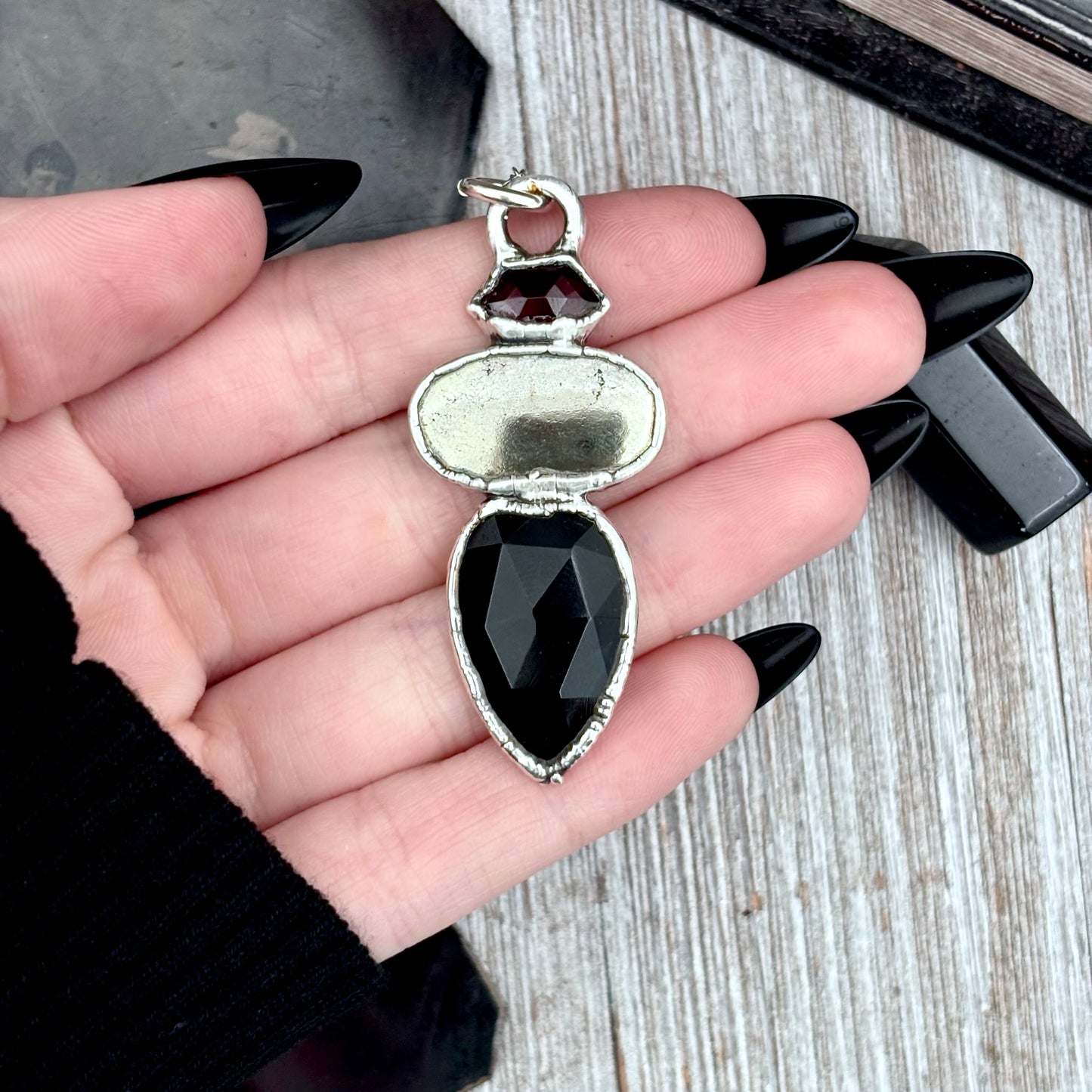 Multi Stone Garnet Pyrite Black Onyx Crystal Necklace Fine Silver / Foxlark Collection