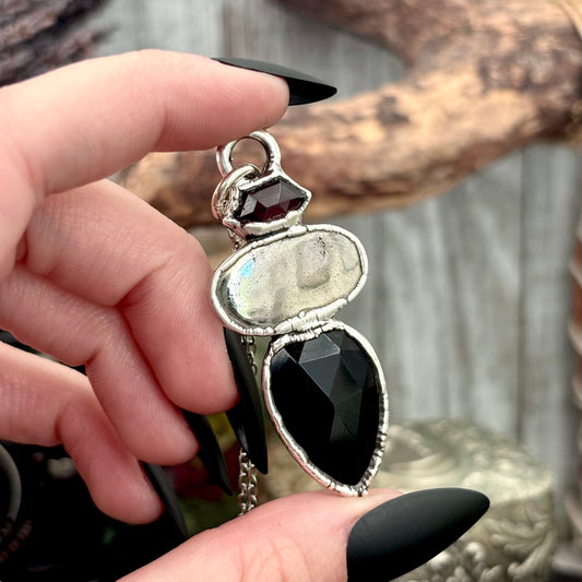Multi Stone Garnet Pyrite Black Onyx Crystal Necklace Fine Silver / Foxlark Collection