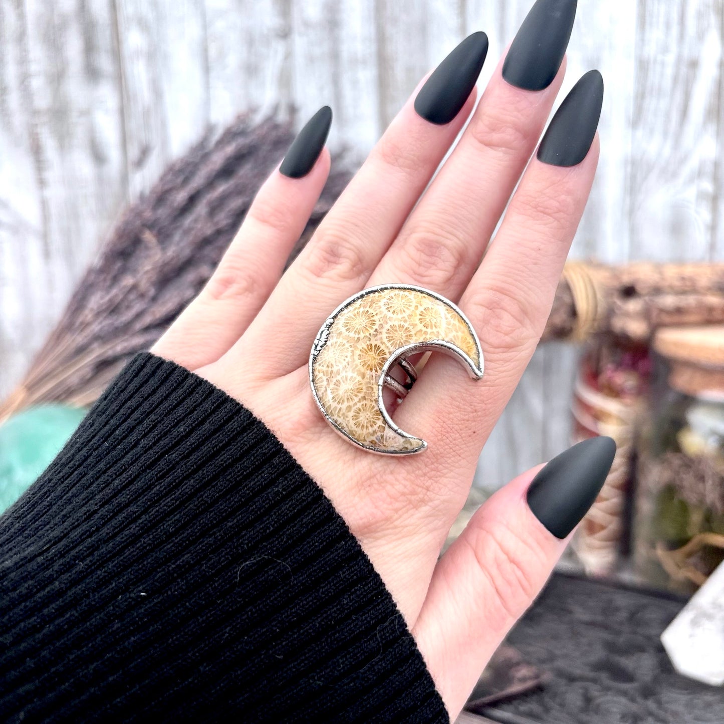 Fossilized Coral Crystal Ring Fine Silver Size 8 / Foxlark Collection - One of a Kind FOXLARK