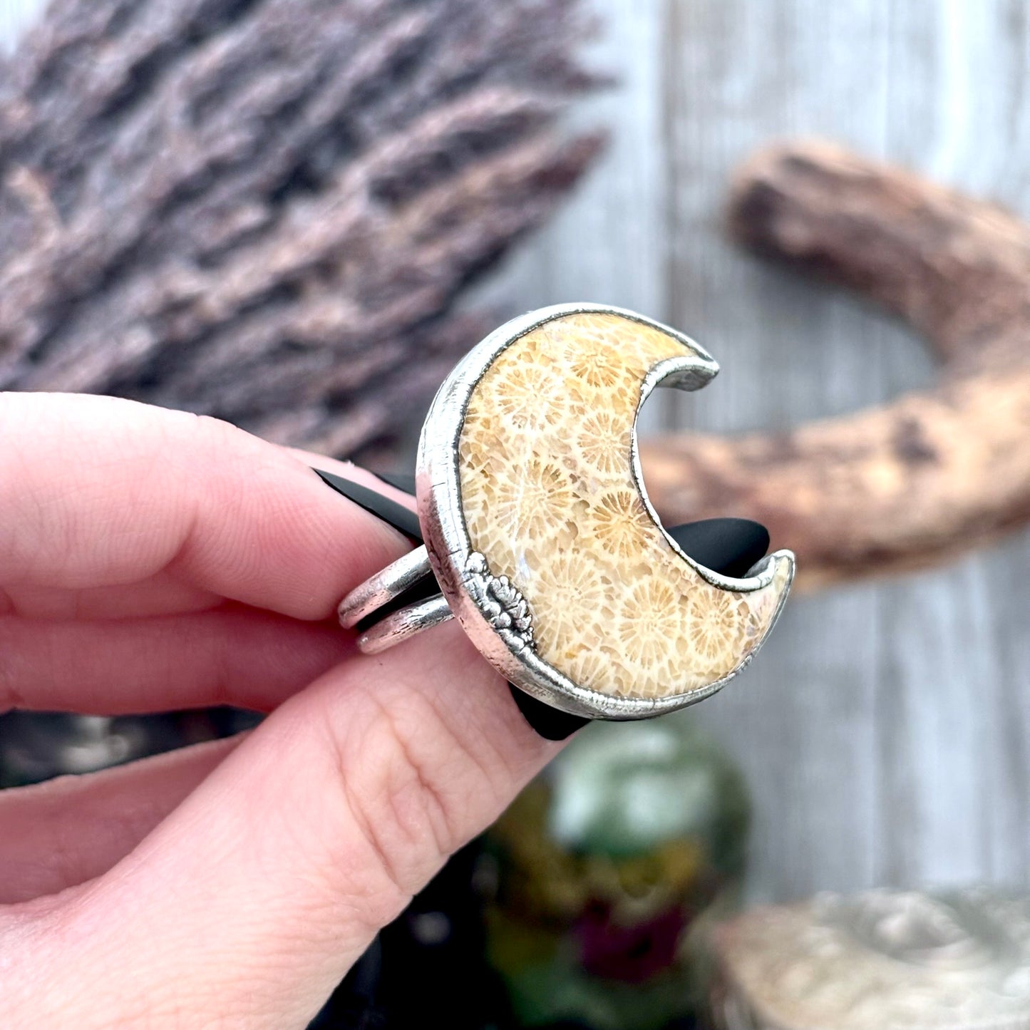 Fossilized Coral Crystal Ring Fine Silver Size 8 / Foxlark Collection - One of a Kind FOXLARK
