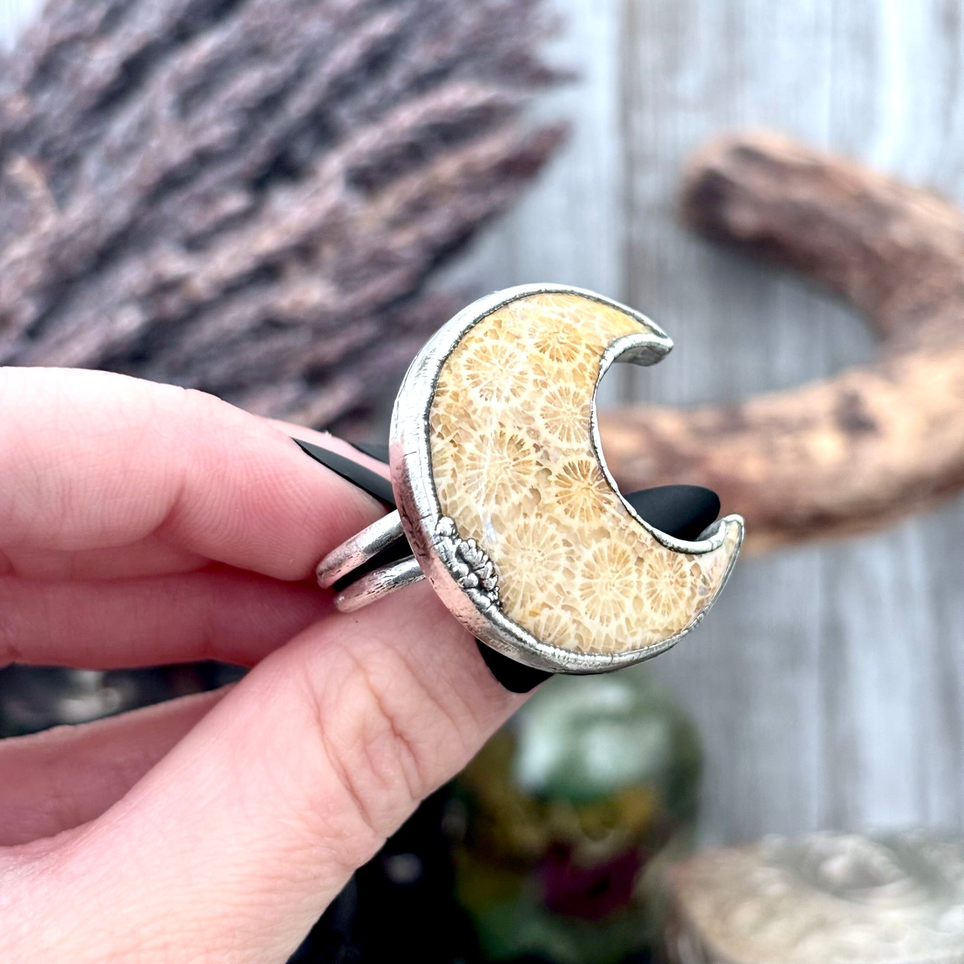 Fossilized Coral Crystal Ring Fine Silver Size 8 / Foxlark Collection - One of a Kind FOXLARK