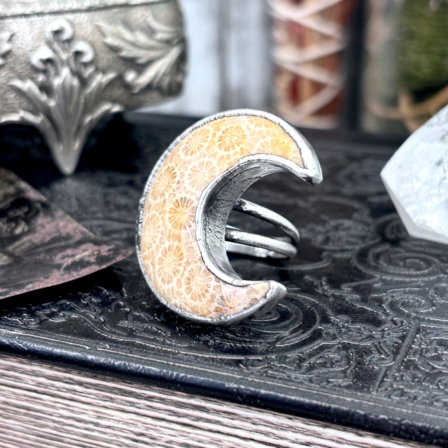 Fossilized Coral Crystal Ring Fine Silver Size 8 / Foxlark Collection - One of a Kind FOXLARK