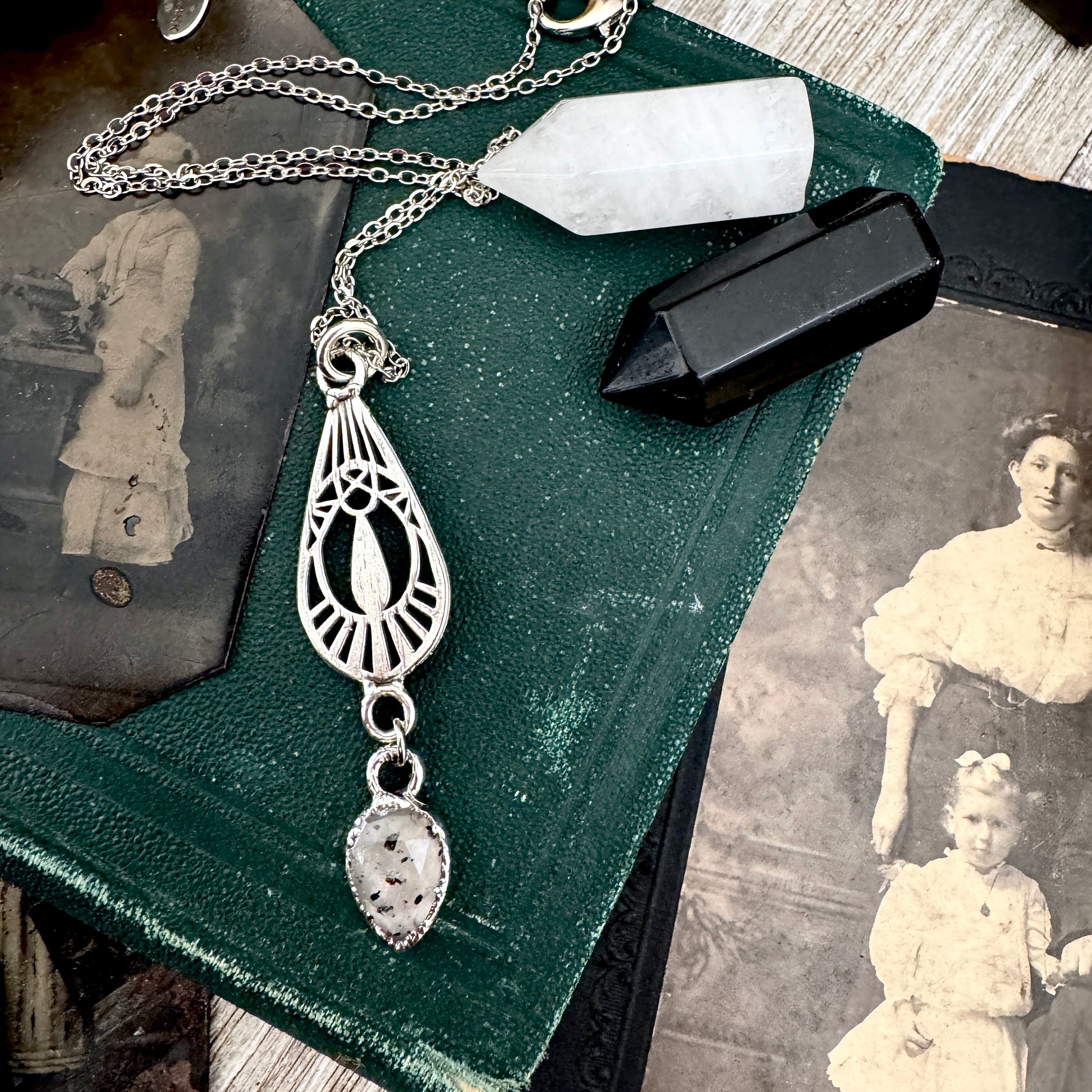 Graphite Infused Quartz Charm Necklace in Fine Silver / Foxlark Collection - One of a Kind FOXLARK