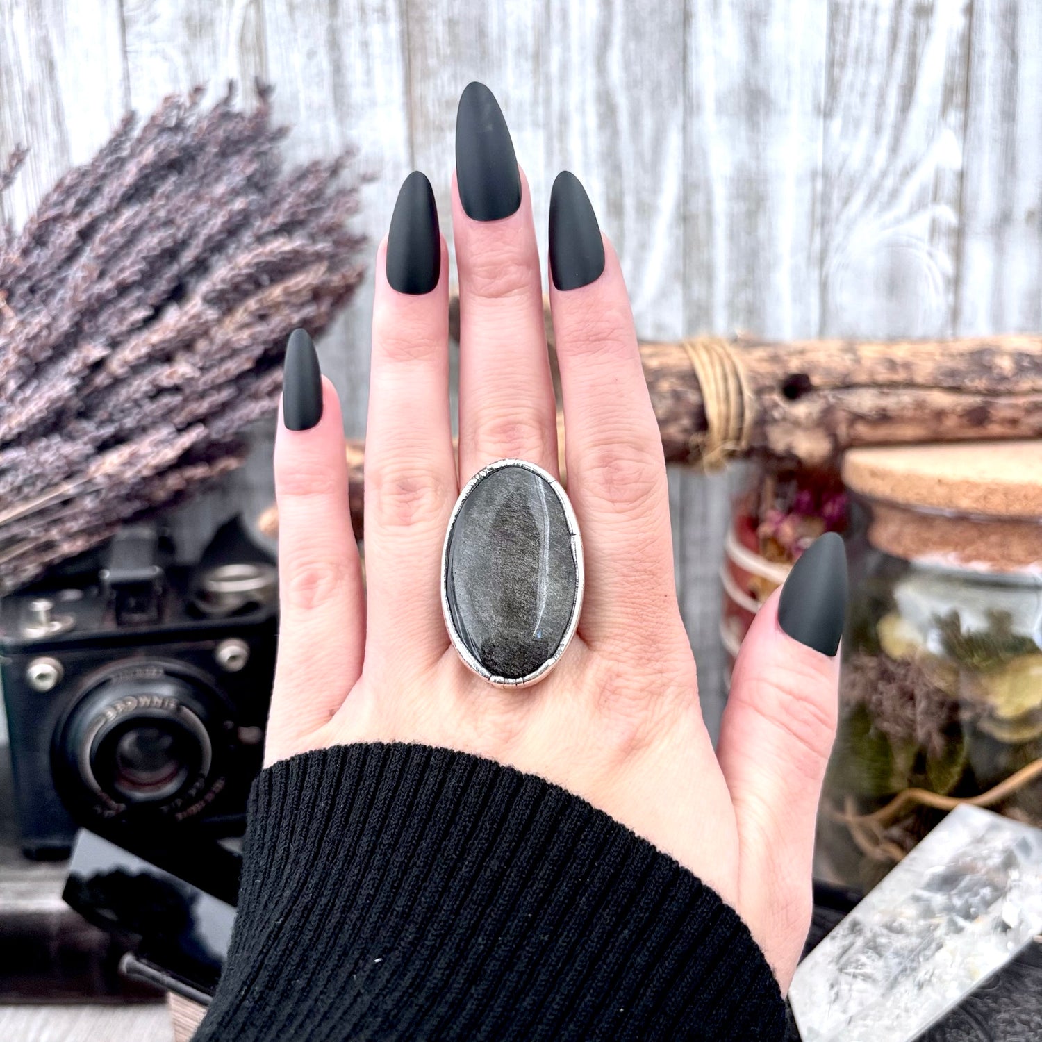 Silver Sheen Obsidian Crystal Ring Fine Silver Size 9 / Foxlark Collection - One of a Kind FOXLARK