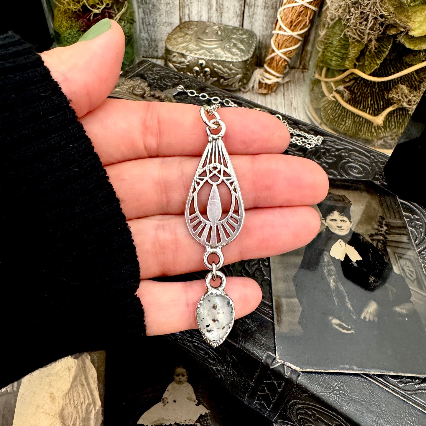 Graphite Infused Quartz Charm Necklace in Fine Silver / Foxlark Collection - One of a Kind FOXLARK