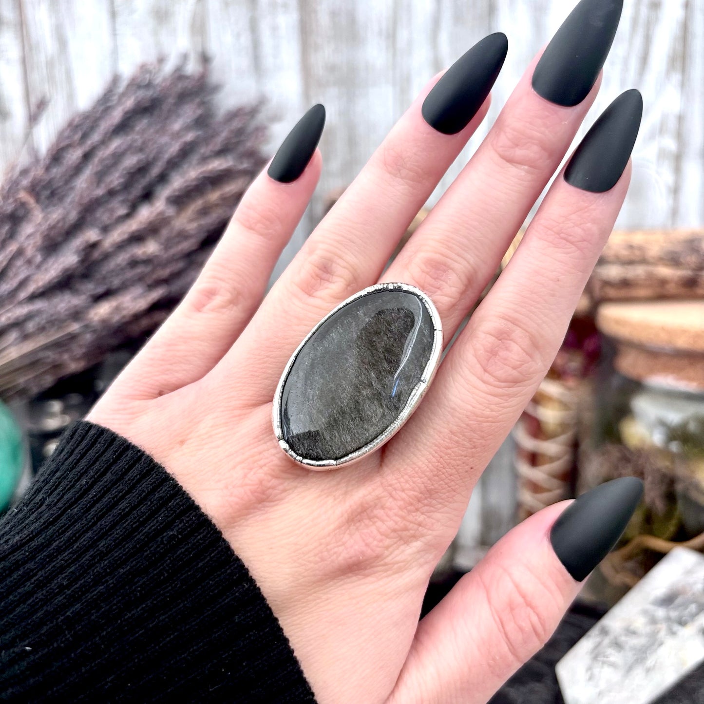 Silver Sheen Obsidian Crystal Ring Fine Silver Size 9 / Foxlark Collection - One of a Kind FOXLARK