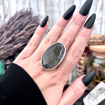 Silver Sheen Obsidian Crystal Ring Fine Silver Size 9 / Foxlark Collection - One of a Kind FOXLARK