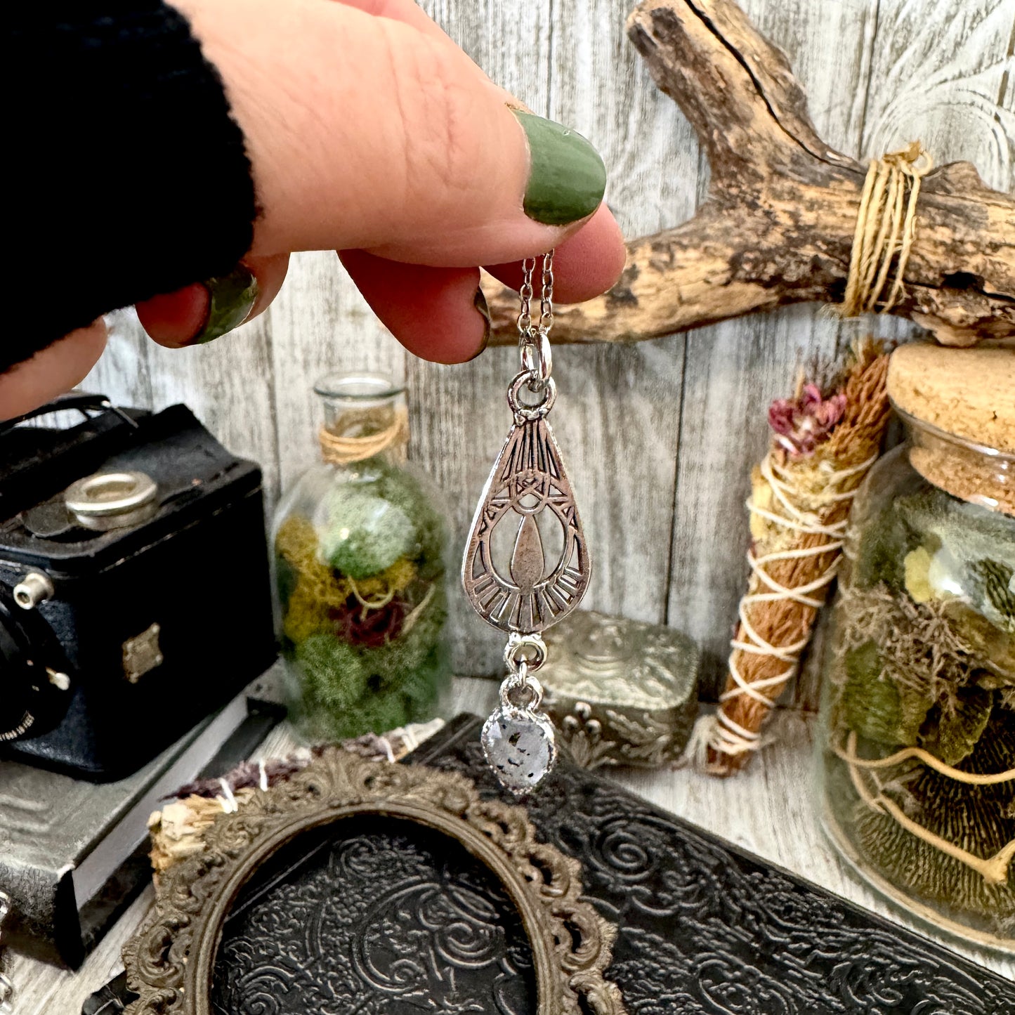 Graphite Infused Quartz Charm Necklace in Fine Silver / Foxlark Collection - One of a Kind FOXLARK