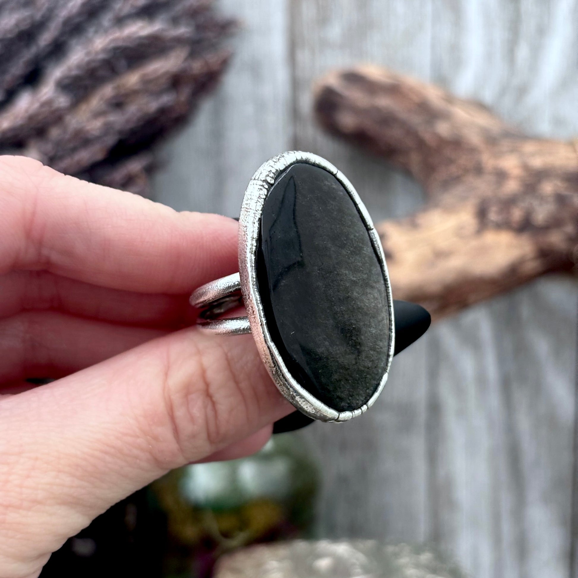 Silver Sheen Obsidian Crystal Ring Fine Silver Size 9 / Foxlark Collection - One of a Kind FOXLARK