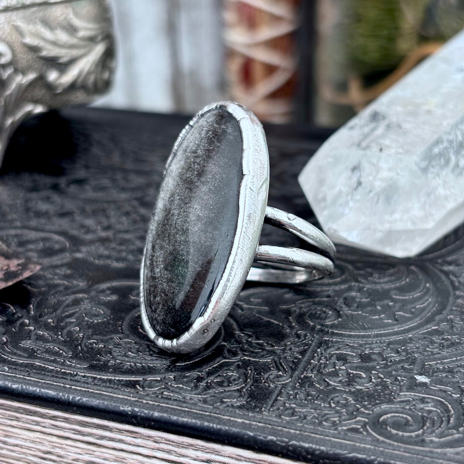 Silver Sheen Obsidian Crystal Ring Fine Silver Size 9 / Foxlark Collection - One of a Kind FOXLARK