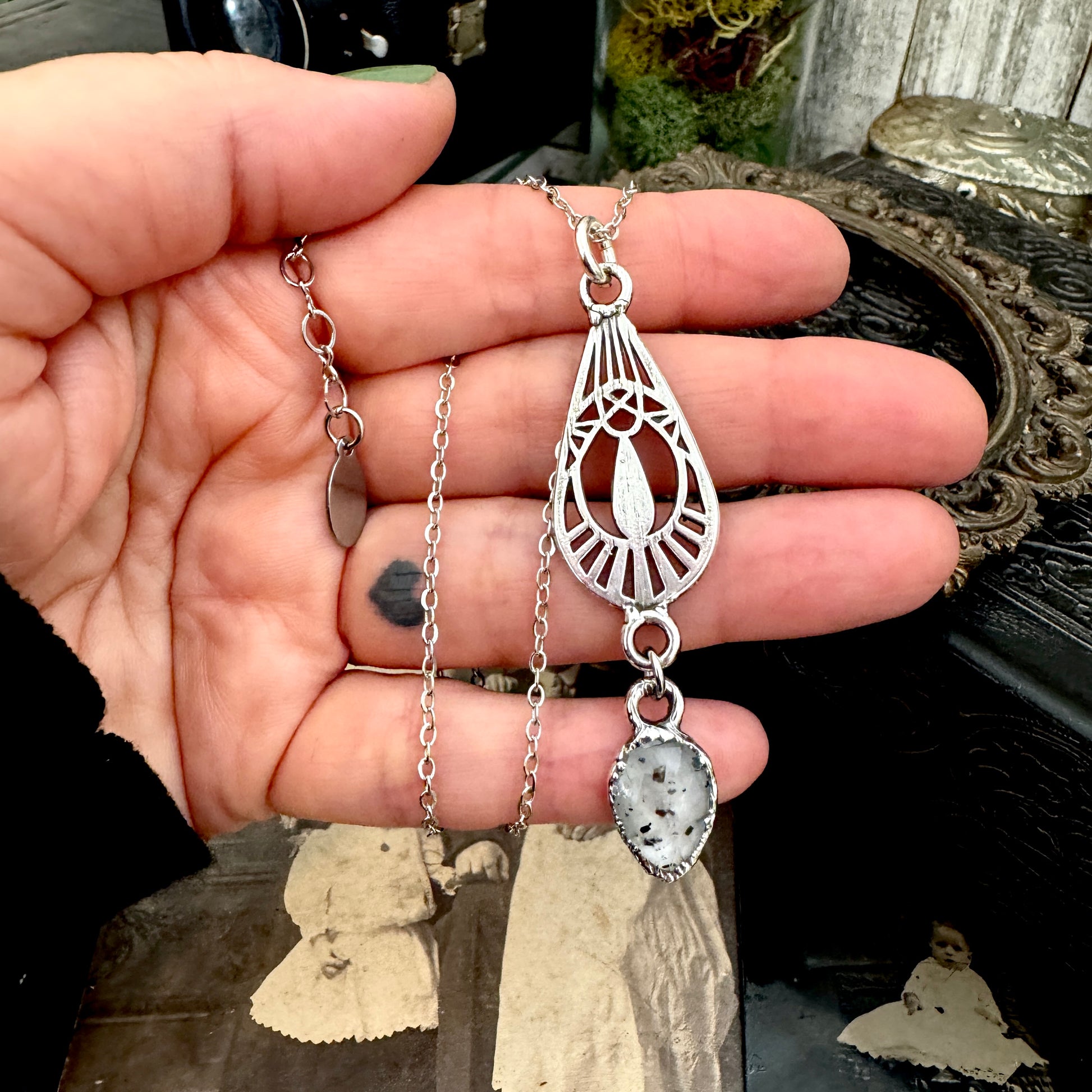 Graphite Infused Quartz Charm Necklace in Fine Silver / Foxlark Collection - One of a Kind FOXLARK