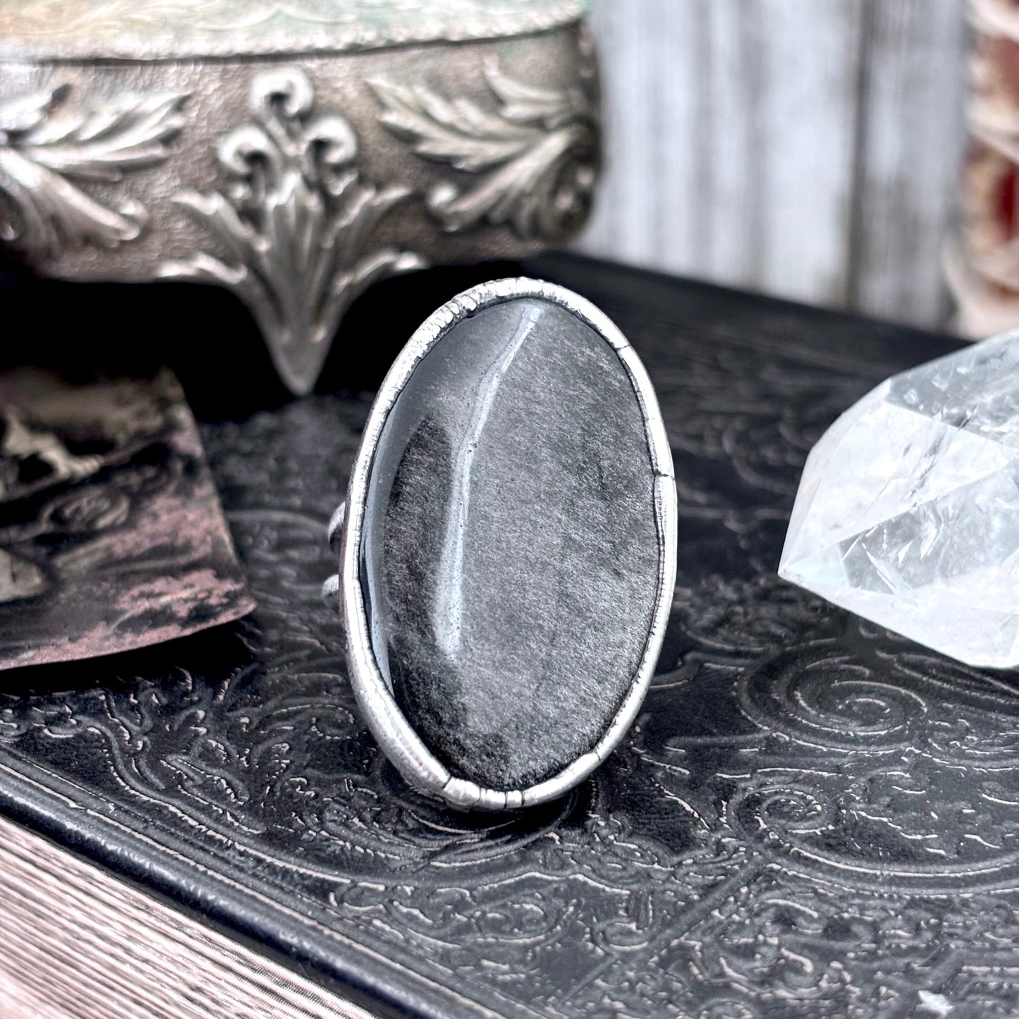 Silver Sheen Obsidian Crystal Ring Fine Silver Size 9 / Foxlark Collection - One of a Kind FOXLARK