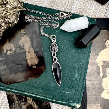 Multi Stone Graphite Included Quarts and Black Onyx Charm Necklace in Fine Silver / Foxlark Collection