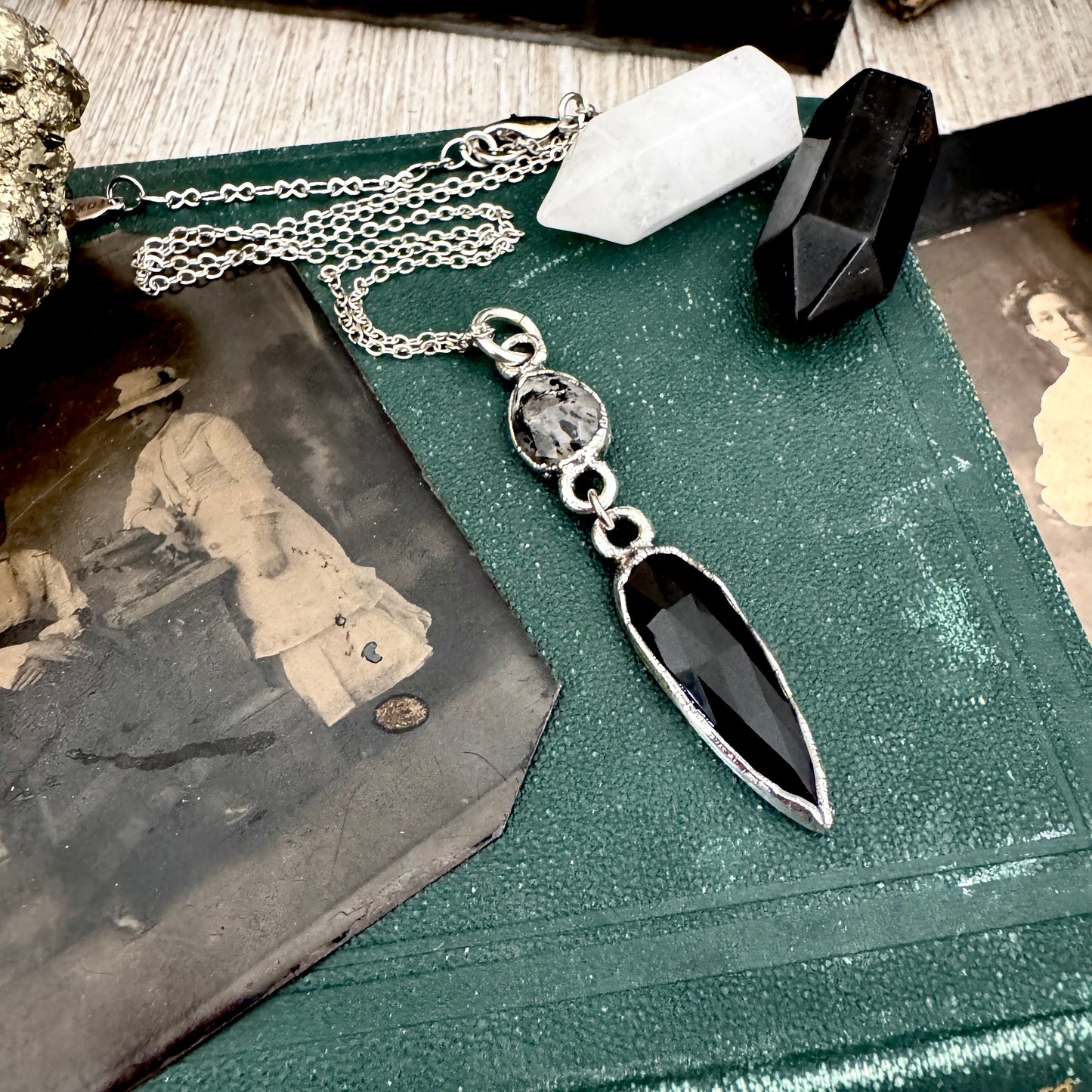 Multi Stone Graphite Included Quarts and Black Onyx Charm Necklace in Fine Silver / Foxlark Collection