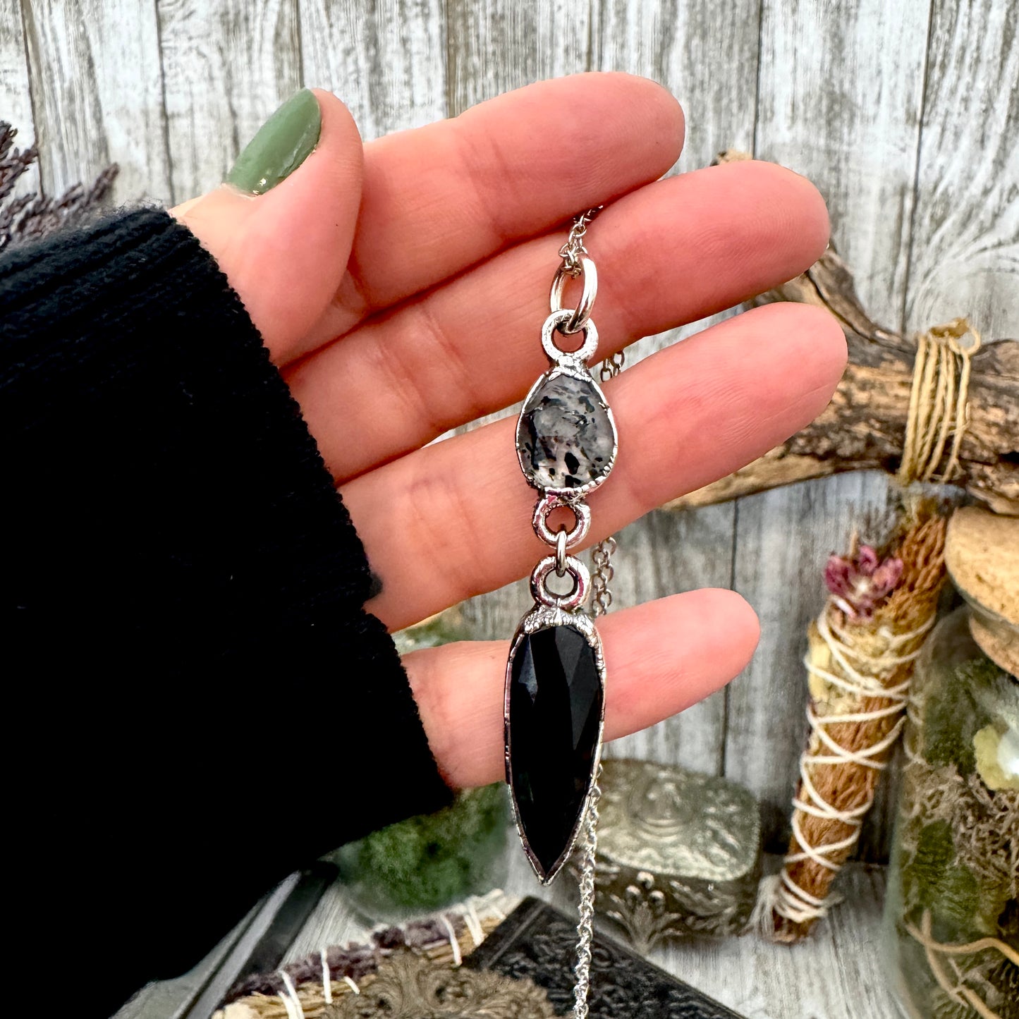 Multi Stone Graphite Included Quarts and Black Onyx Charm Necklace in Fine Silver / Foxlark Collection