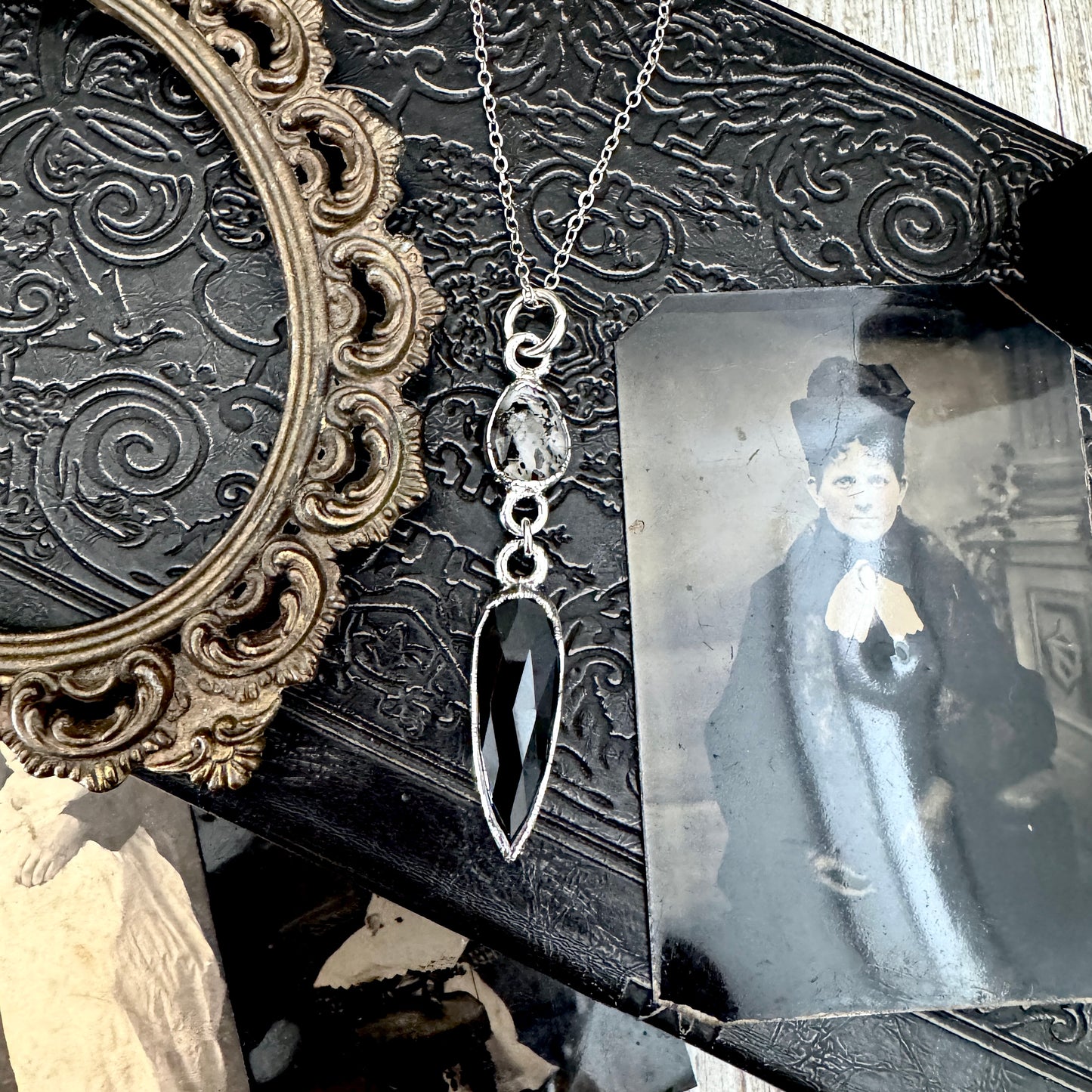 Multi Stone Graphite Included Quarts and Black Onyx Charm Necklace in Fine Silver / Foxlark Collection