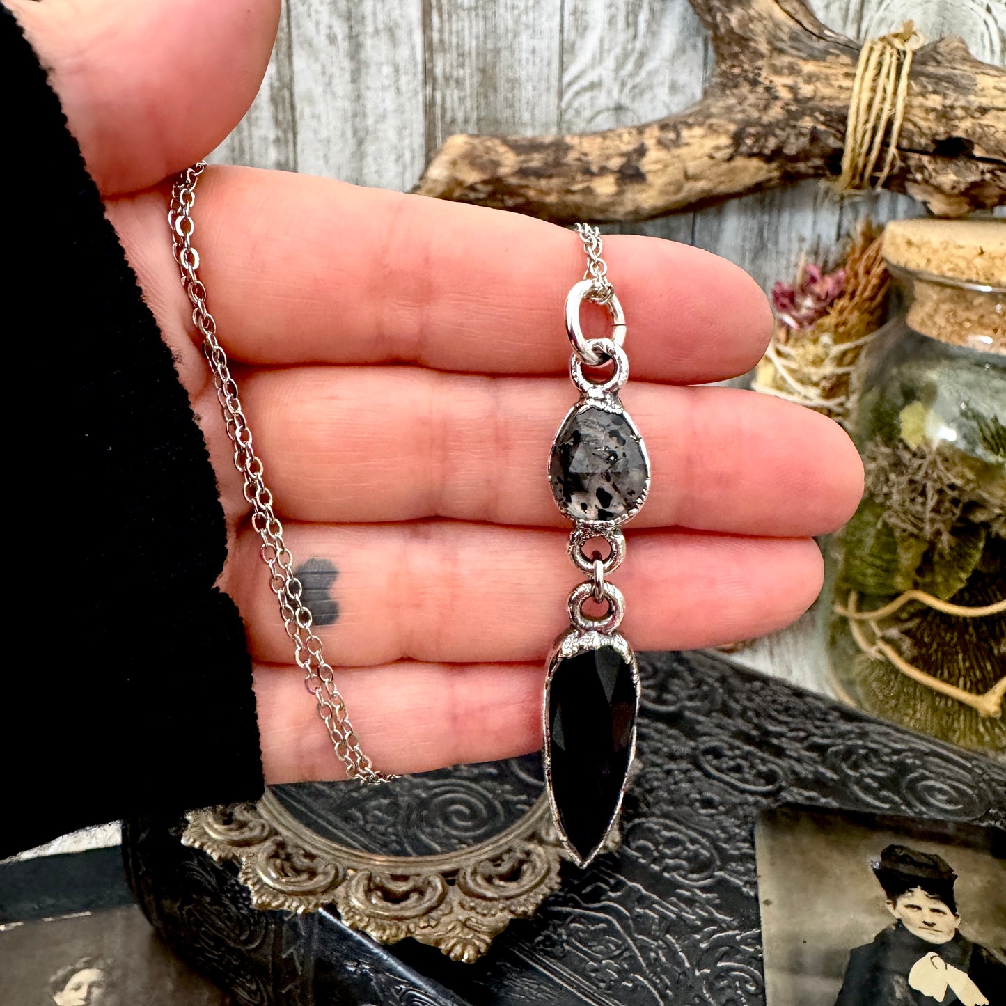 Multi Stone Graphite Included Quarts and Black Onyx Charm Necklace in Fine Silver / Foxlark Collection