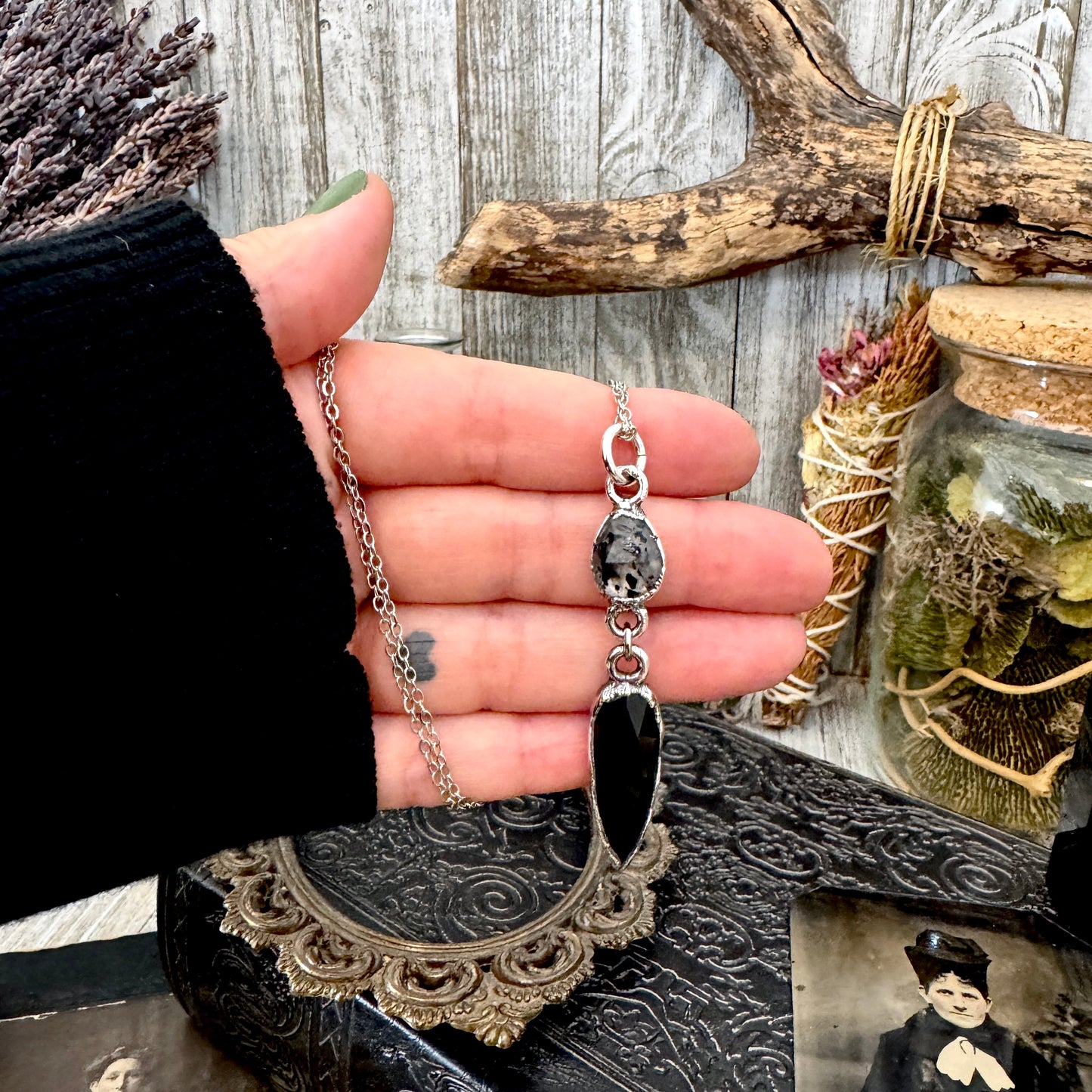 Multi Stone Graphite Included Quarts and Black Onyx Charm Necklace in Fine Silver / Foxlark Collection