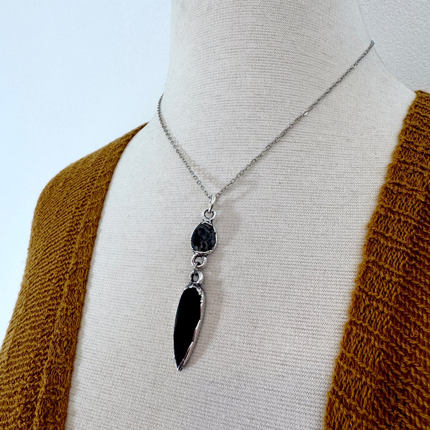 Multi Stone Graphite Included Quarts and Black Onyx Charm Necklace in Fine Silver / Foxlark Collection