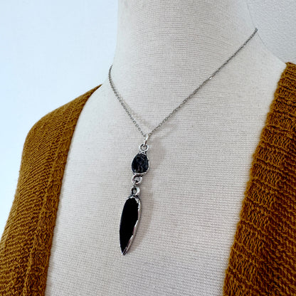 Multi Stone Graphite Included Quarts and Black Onyx Charm Necklace in Fine Silver / Foxlark Collection