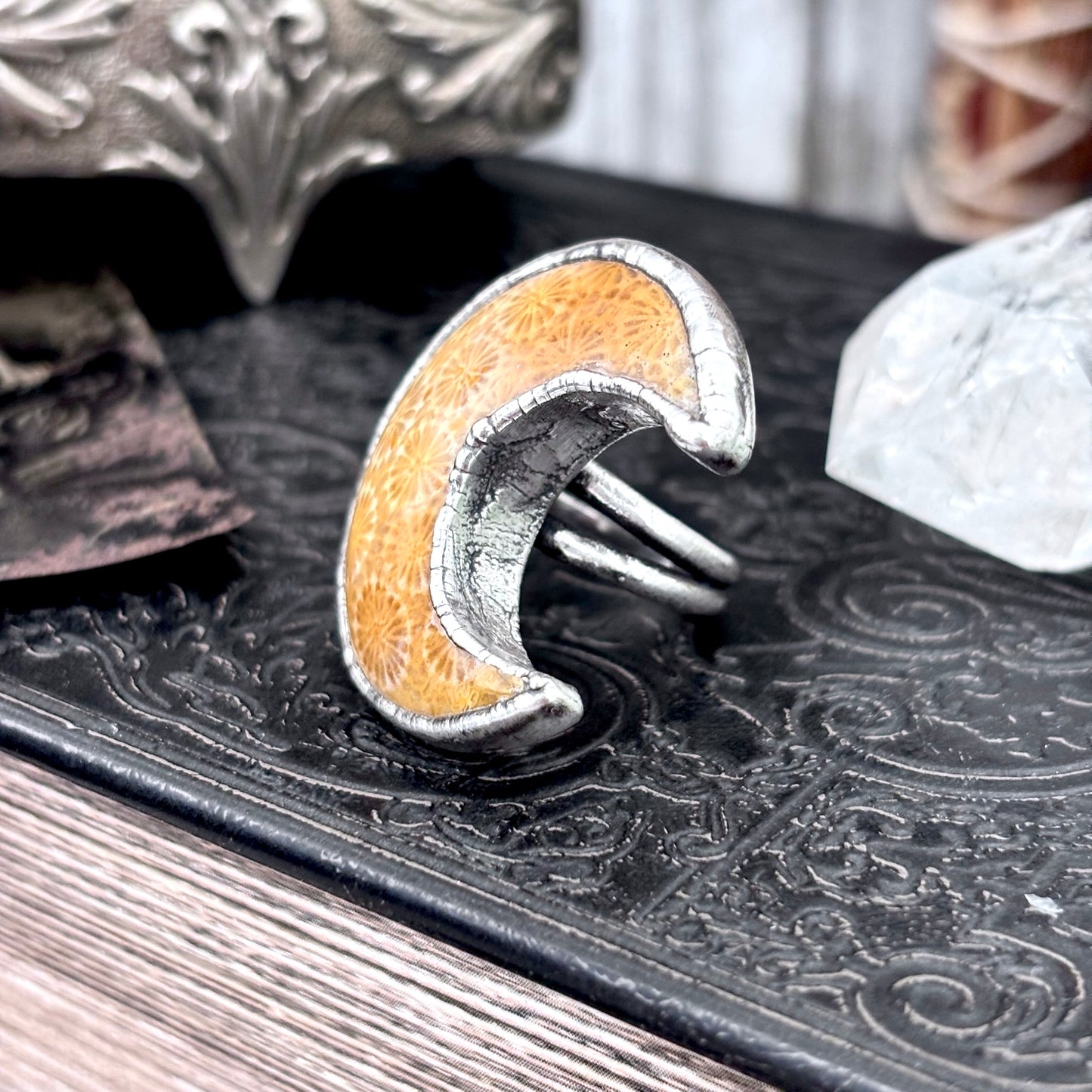 Fossilized Coral Crystal Ring Fine Silver Size 5.5 / Foxlark Collection - One of a Kind FOXLARK