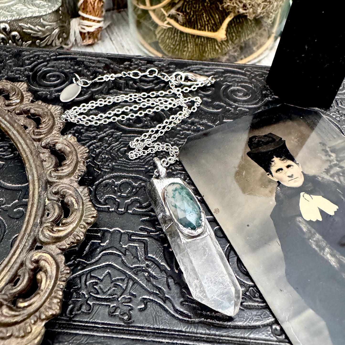 Clear Quartz & Moss Agate Crystal Statement Necklace in Fine Silver / Foxlark Collection - One of a Kind FOXLARK