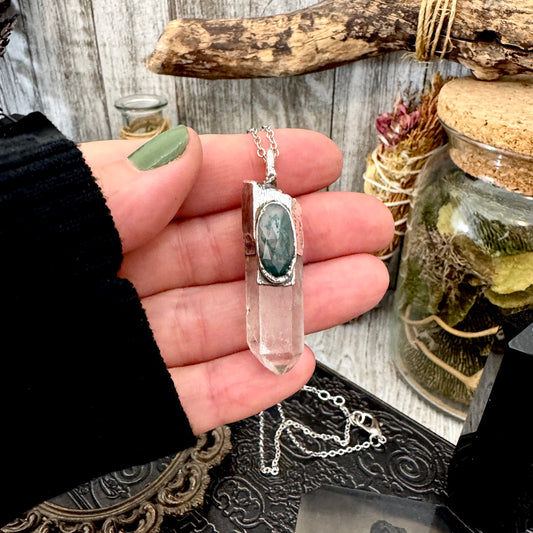 Clear Quartz & Moss Agate Crystal Statement Necklace in Fine Silver / Foxlark Collection - One of a Kind