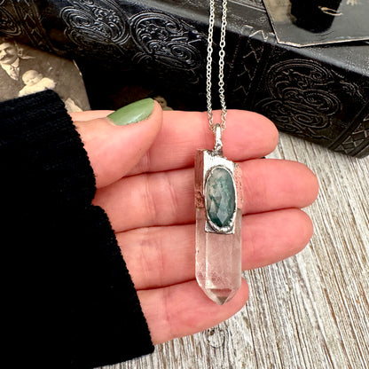 Clear Quartz & Moss Agate Crystal Statement Necklace in Fine Silver / Foxlark Collection - One of a Kind FOXLARK