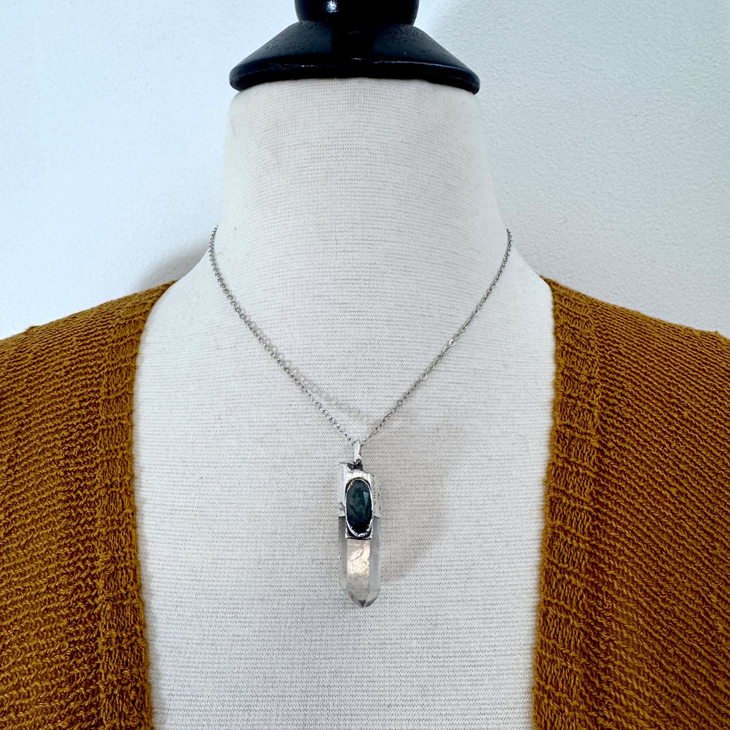 Clear Quartz & Moss Agate Crystal Statement Necklace in Fine Silver / Foxlark Collection - One of a Kind FOXLARK