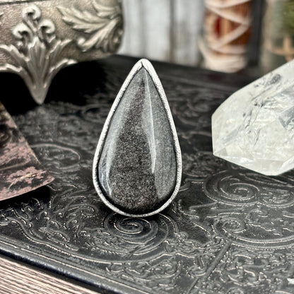 Silver Sheen Obsidian Crystal Ring Fine Silver Size 7.5 / Foxlark Collection - One of a Kind