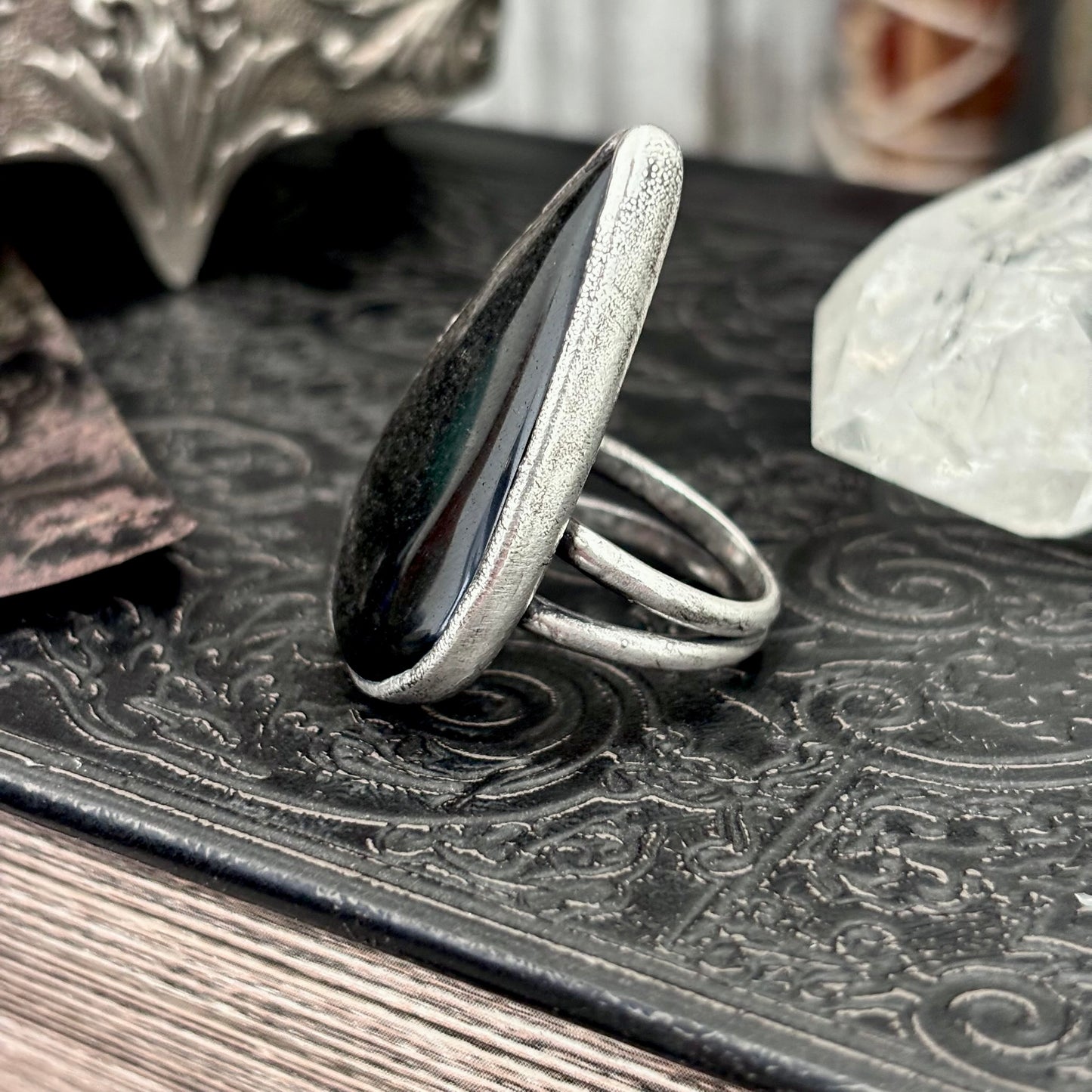 Silver Sheen Obsidian Crystal Ring Fine Silver Size 7.5 / Foxlark Collection - One of a Kind