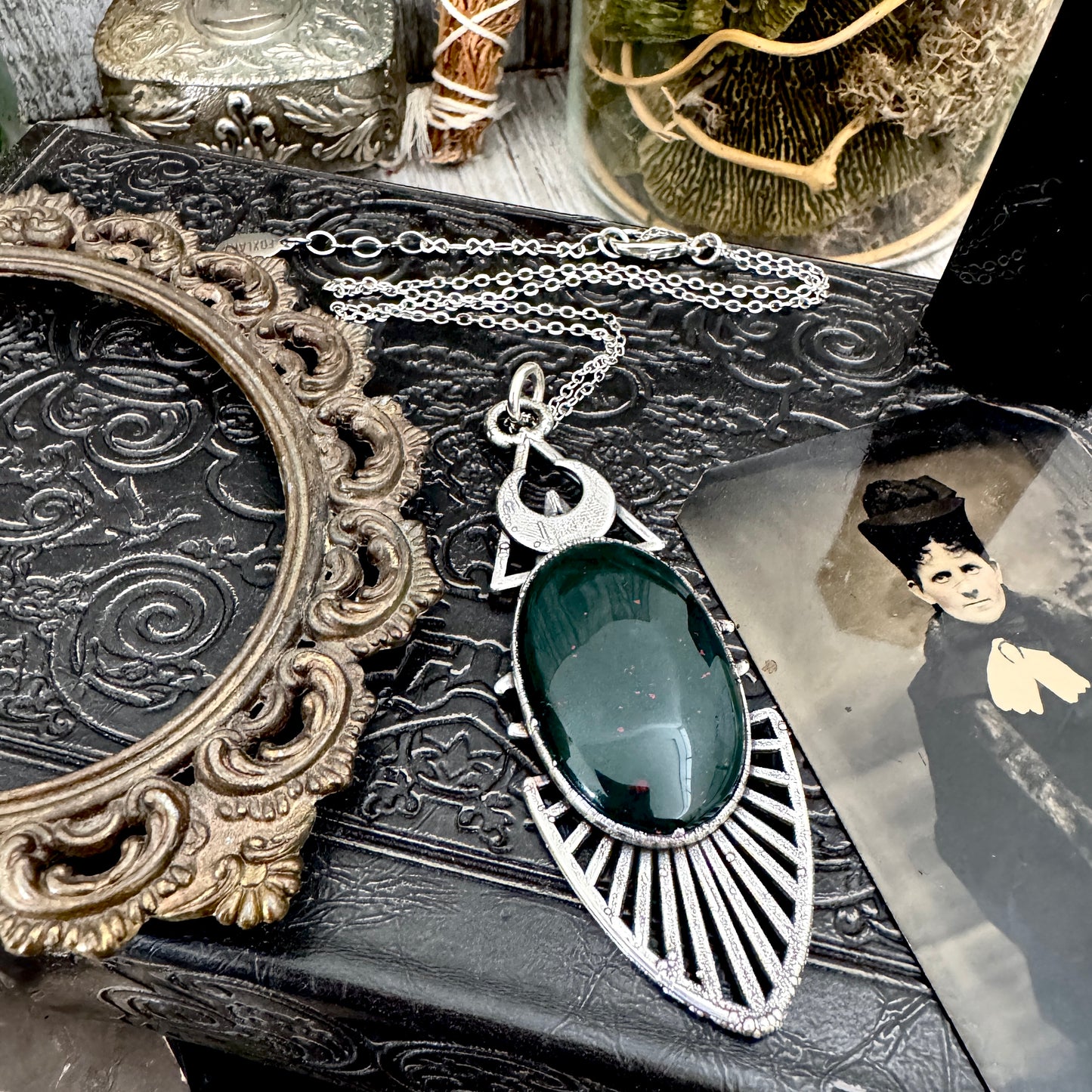 Moss & Moon Collection - Bloodstone Statement Necklace in Fine Silver / One of a Kind