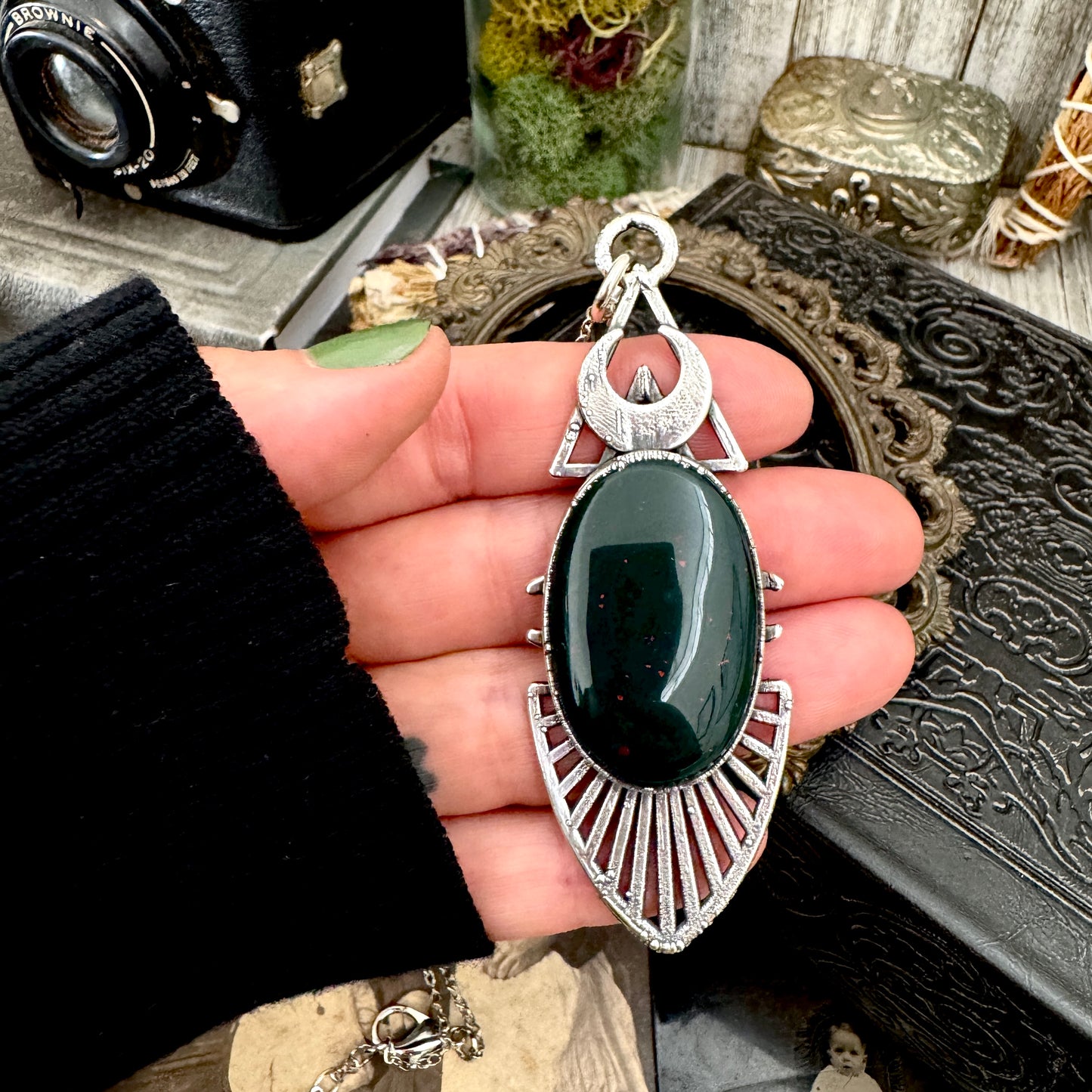 Moss & Moon Collection - Bloodstone Statement Necklace in Fine Silver / One of a Kind