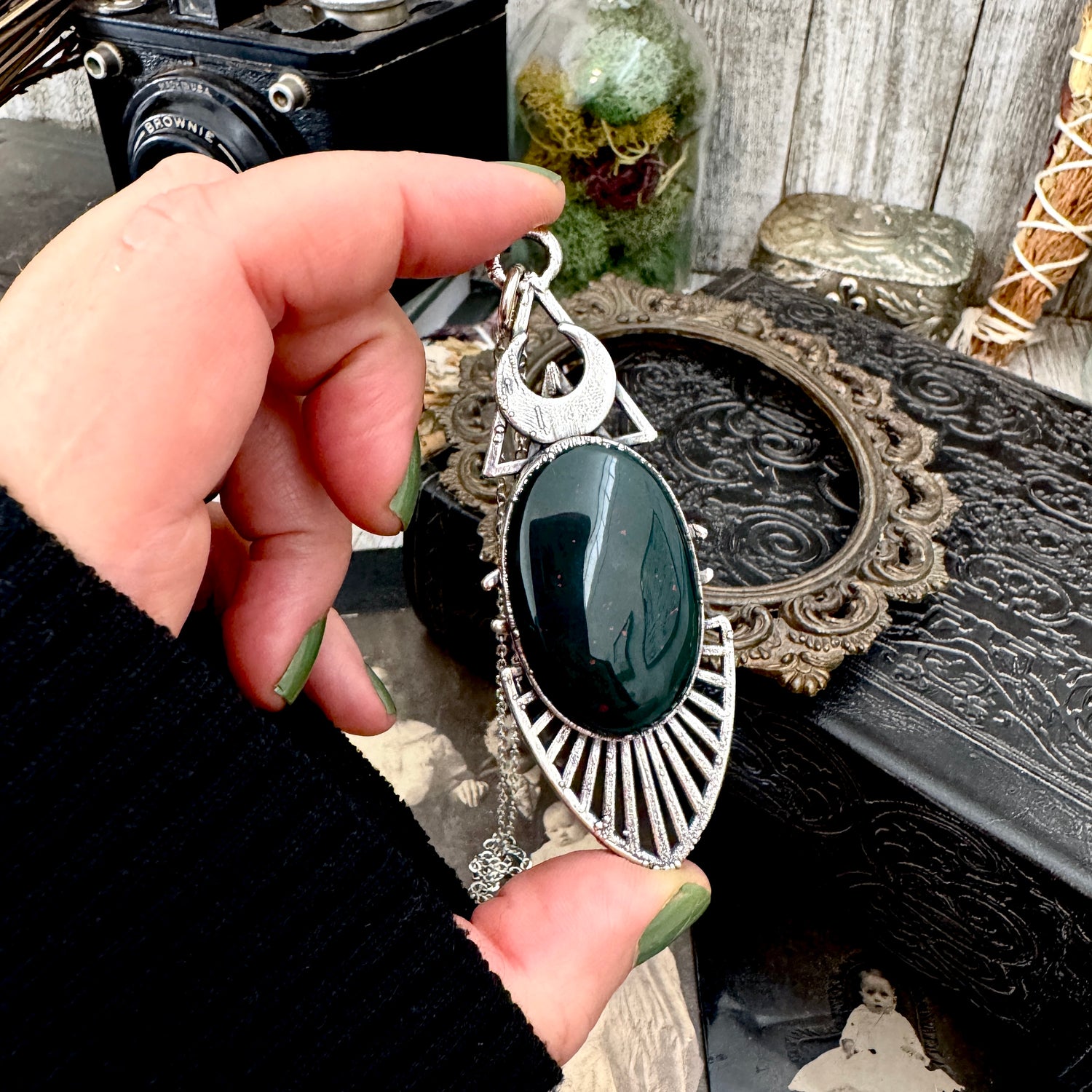 Moss & Moon Collection - Bloodstone Statement Necklace in Fine Silver / One of a Kind FOXLARK