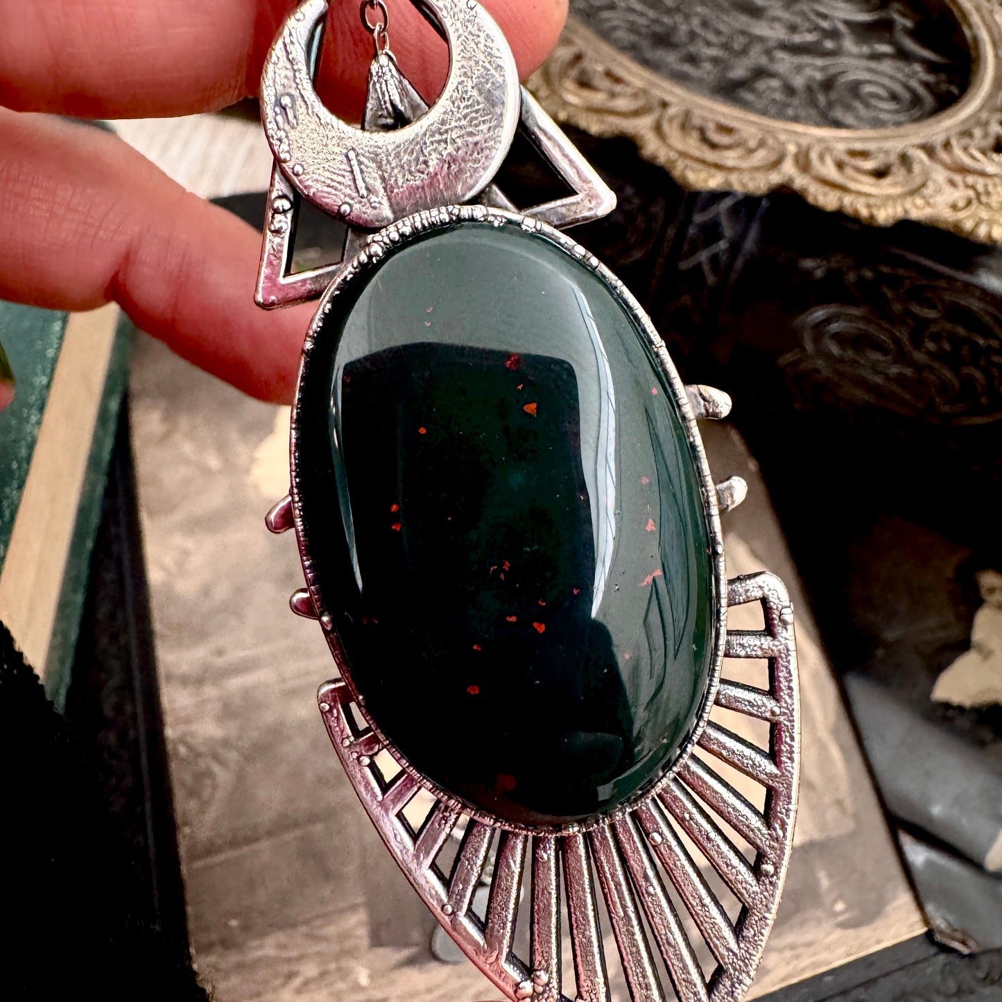 Moss & Moon Collection - Bloodstone Statement Necklace in Fine Silver / One of a Kind