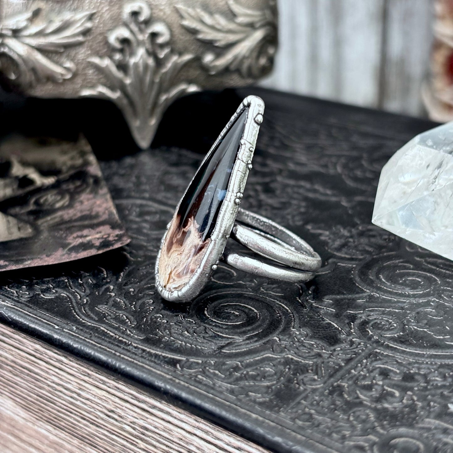 Fossilized Palm Root Crystal Ring Fine Silver Size 8.5 / Foxlark Collection - One of a Kind FOXLARK