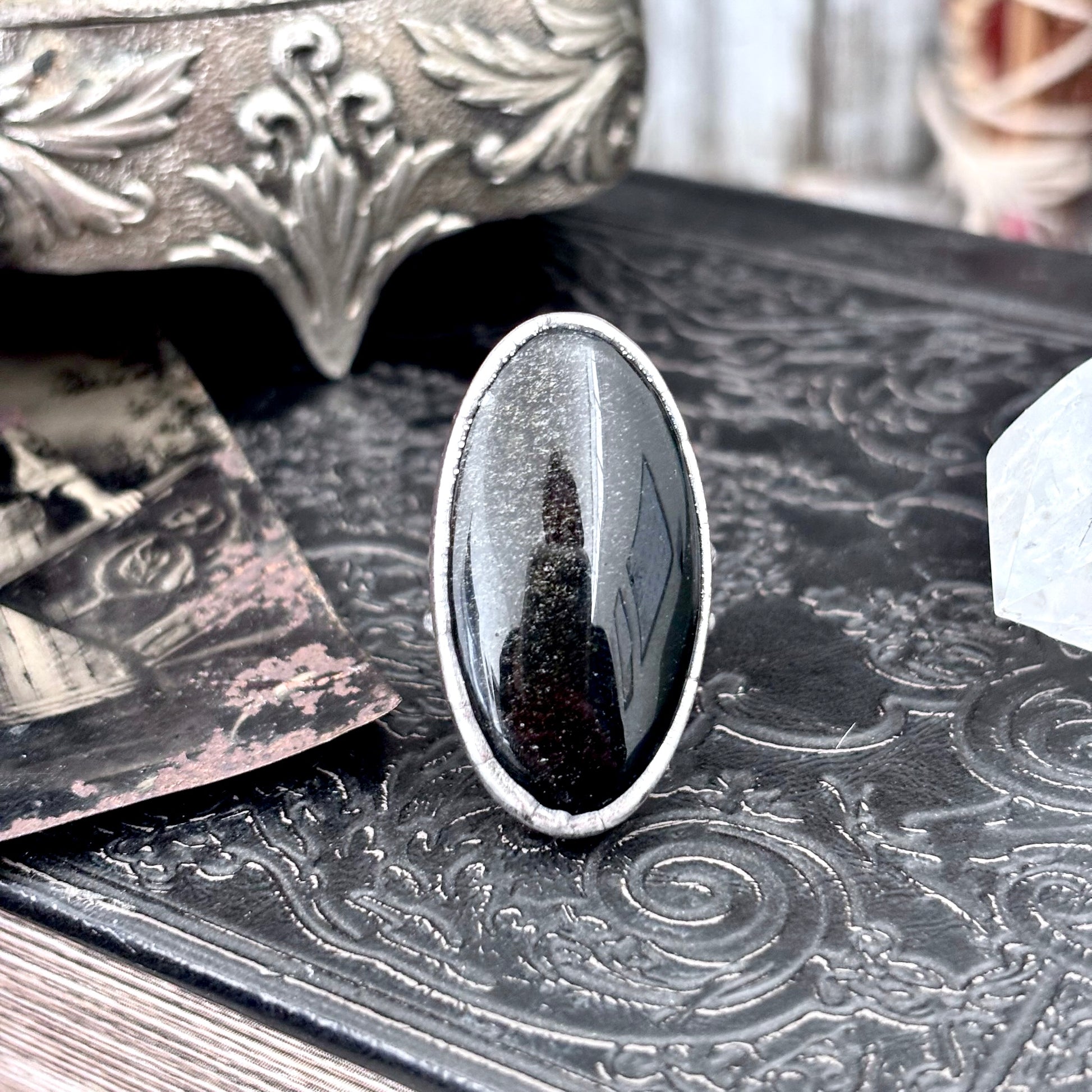 Golden  Sheen Obsidian Crystal Ring Fine Silver Size 7 / Foxlark Collection - One of a Kind FOXLARK