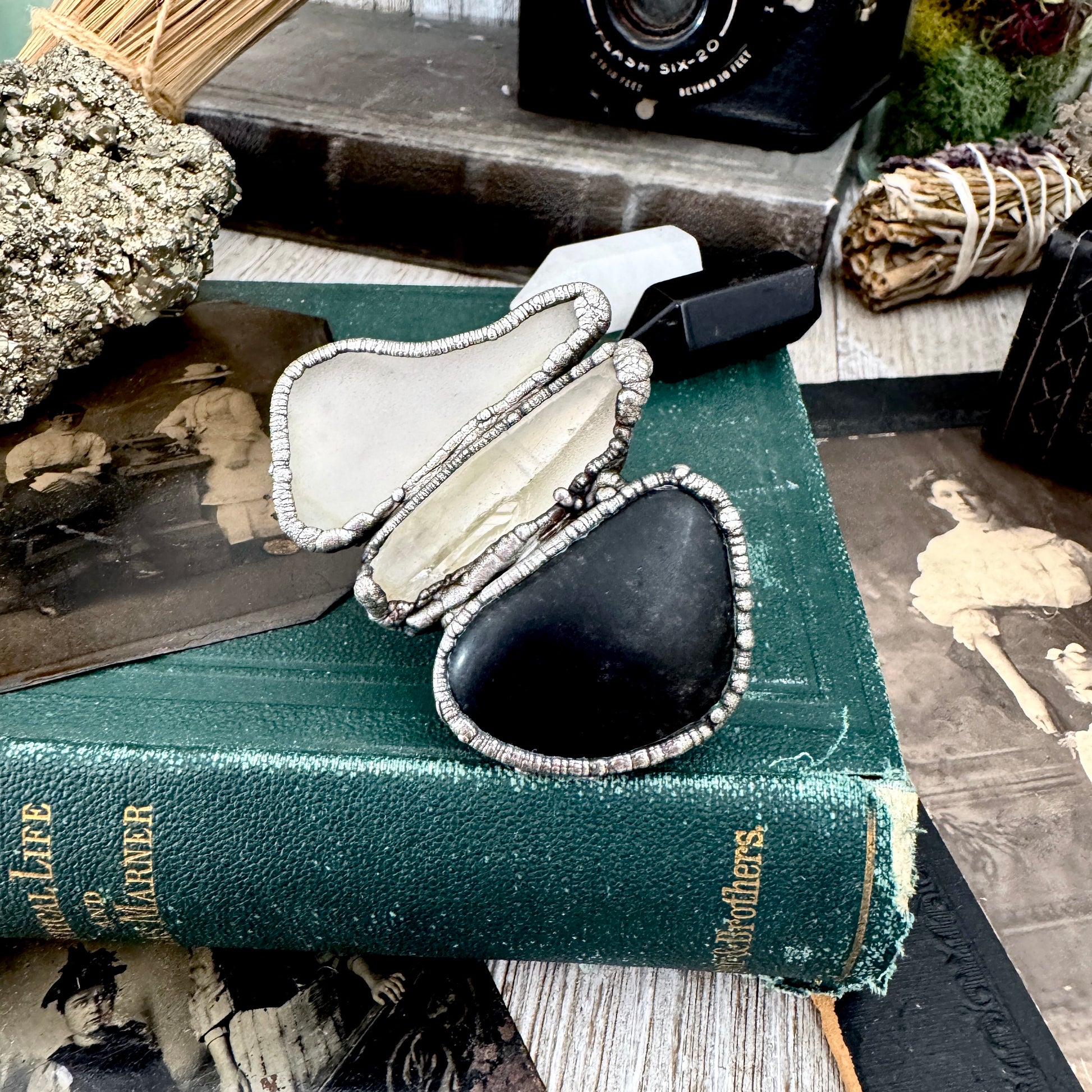 Multi Stone River Rock Clear Quartz and Sea-glass Ring In Silver Size 8.5 / Foxlark Collection FOXLARK