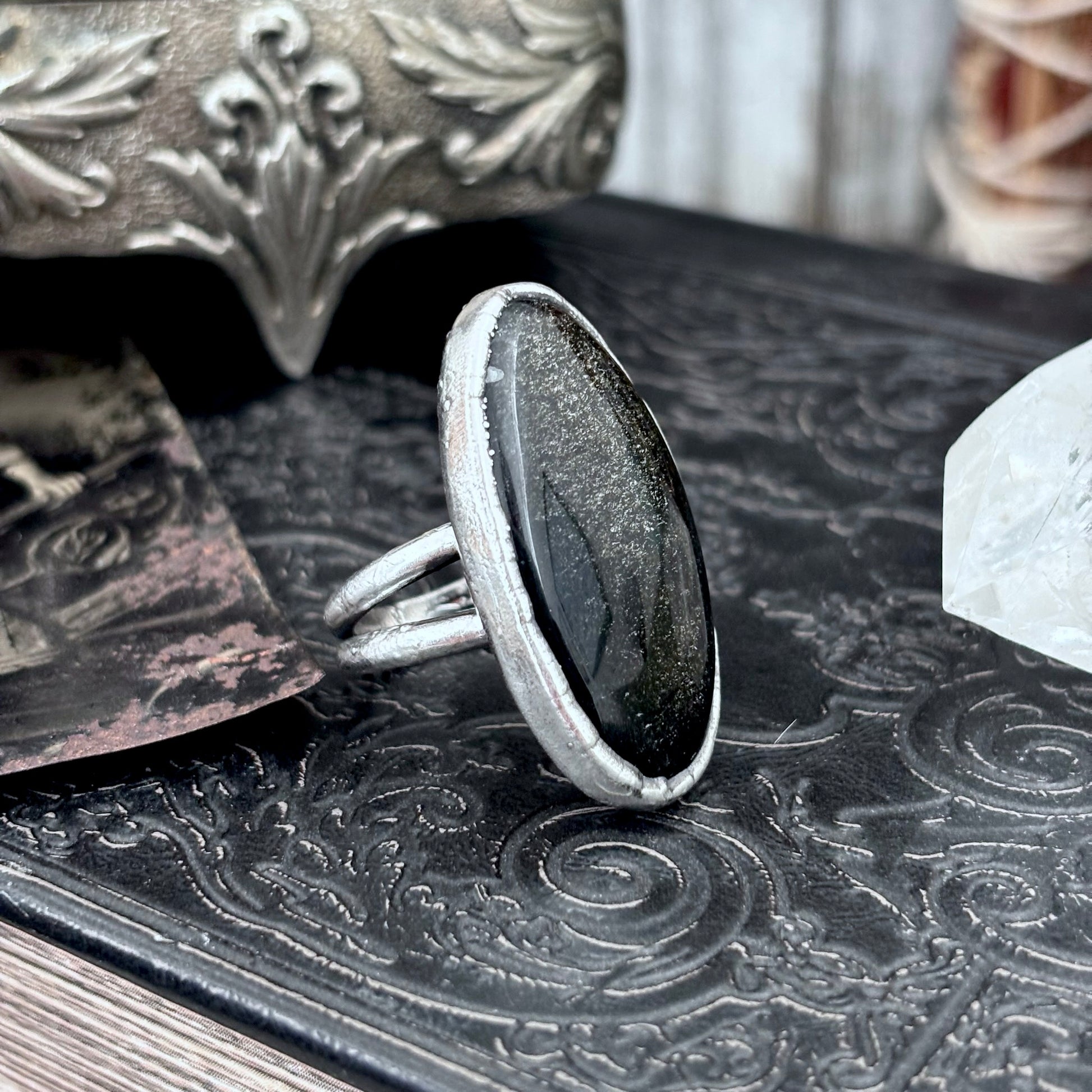 Golden  Sheen Obsidian Crystal Ring Fine Silver Size 7 / Foxlark Collection - One of a Kind FOXLARK